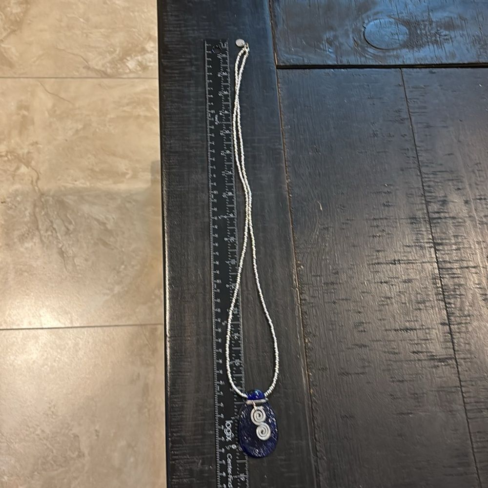 Blue Dichroic Glass Silver Swirl Artisan Long Beaded Energy Necklace Chain - Picture 5 of 7